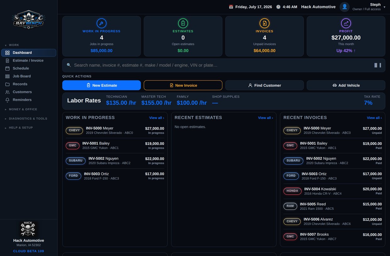 Bay Bench dashboard on desktop